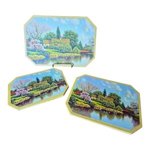 Tranquil Countryside Wall Art Set - Blue and Green   set Of 3.